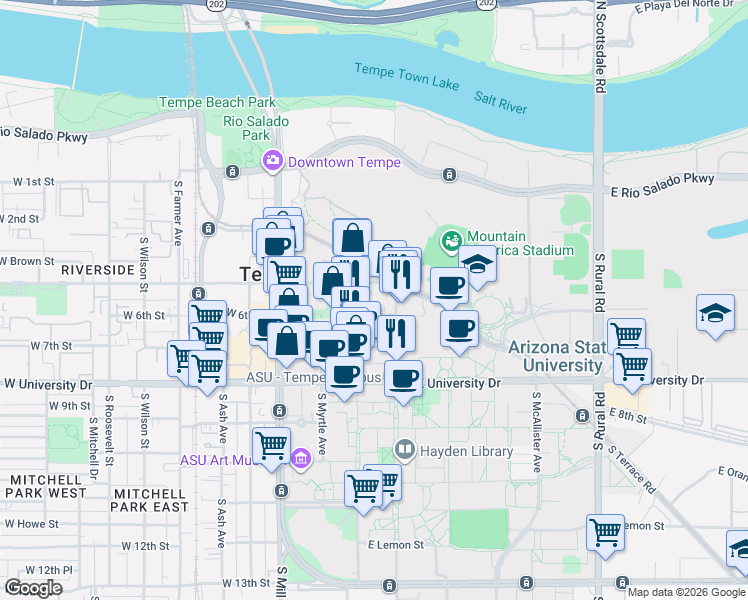 map of restaurants, bars, coffee shops, grocery stores, and more near in Tempe