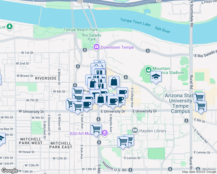 map of restaurants, bars, coffee shops, grocery stores, and more near 20 East 6th Street in Tempe