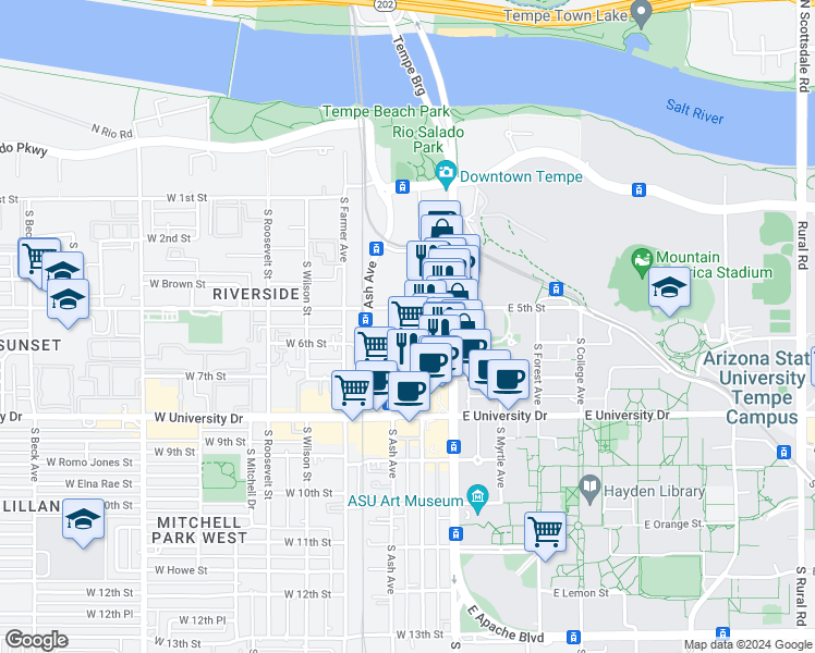 map of restaurants, bars, coffee shops, grocery stores, and more near 133 West 6th Street in Tempe