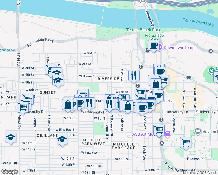 map of restaurants, bars, coffee shops, grocery stores, and more near 601 West 5th Street in Tempe