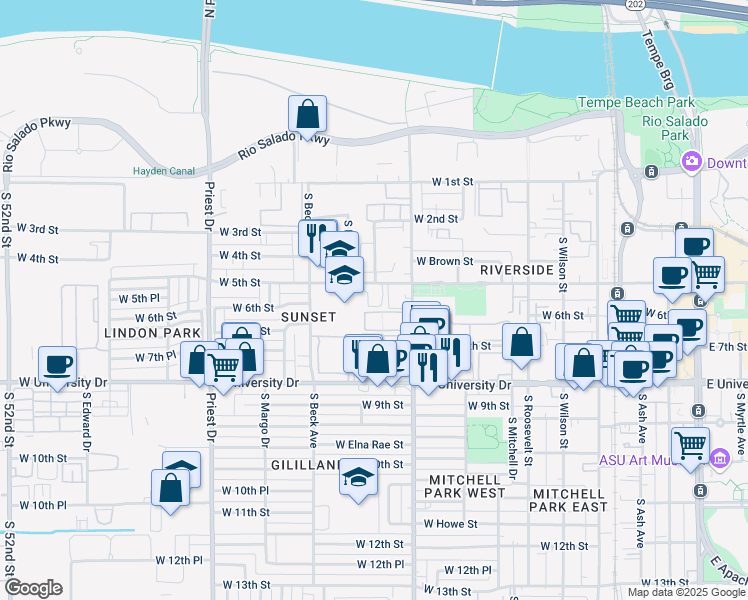 map of restaurants, bars, coffee shops, grocery stores, and more near 616 West Apartment in Tempe