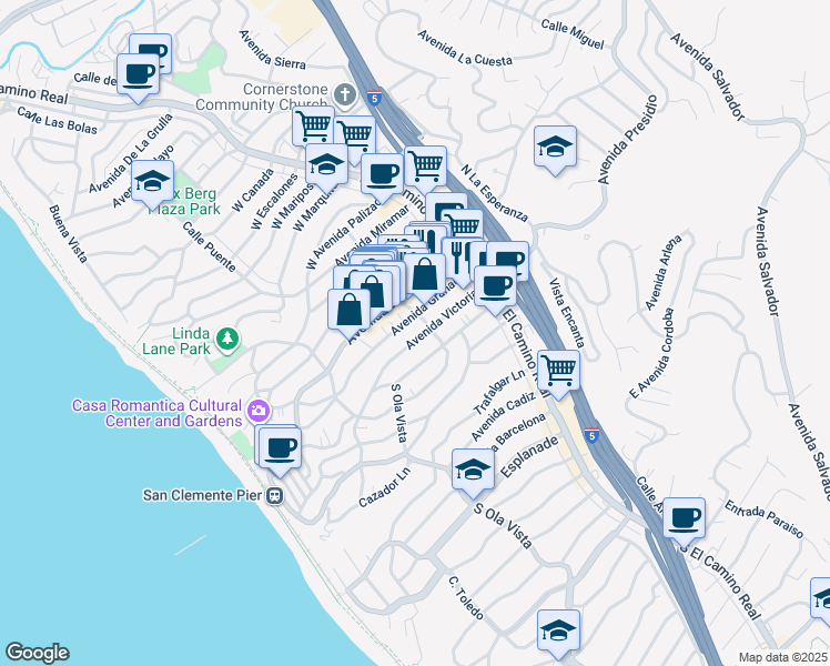 map of restaurants, bars, coffee shops, grocery stores, and more near 220 Avenida Victoria in San Clemente