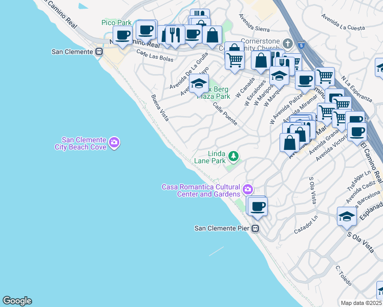 map of restaurants, bars, coffee shops, grocery stores, and more near 802 Buena Vista in San Clemente