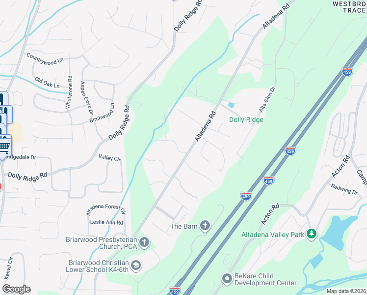 map of restaurants, bars, coffee shops, grocery stores, and more near 3652 Altadena Drive in Vestavia Hills