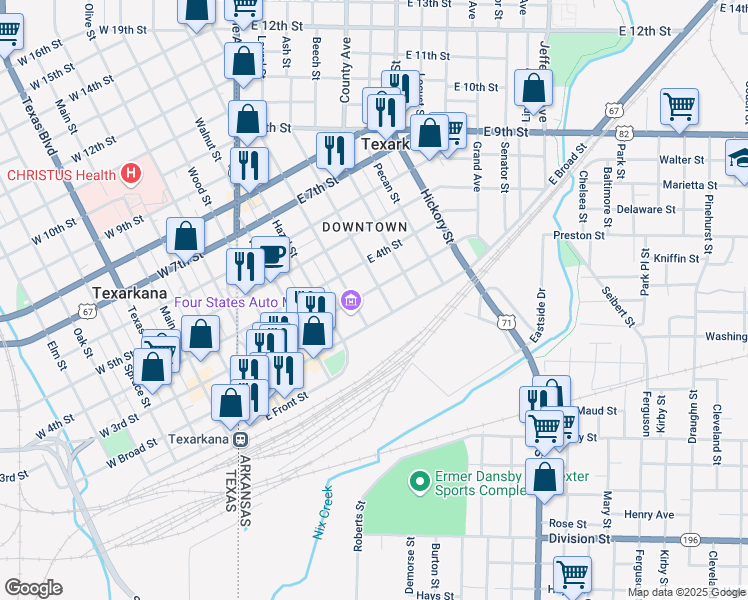 map of restaurants, bars, coffee shops, grocery stores, and more near 710 East Broad Street in Texarkana