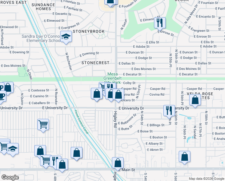 map of restaurants, bars, coffee shops, grocery stores, and more near 507 North Balboa Circle in Mesa