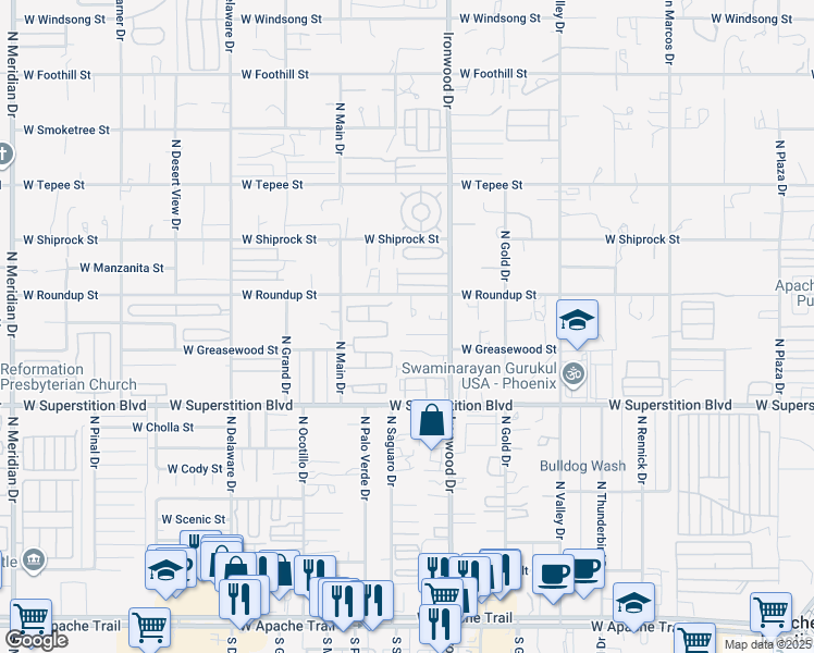 map of restaurants, bars, coffee shops, grocery stores, and more near 1762 West Mockingbird Street in Apache Junction
