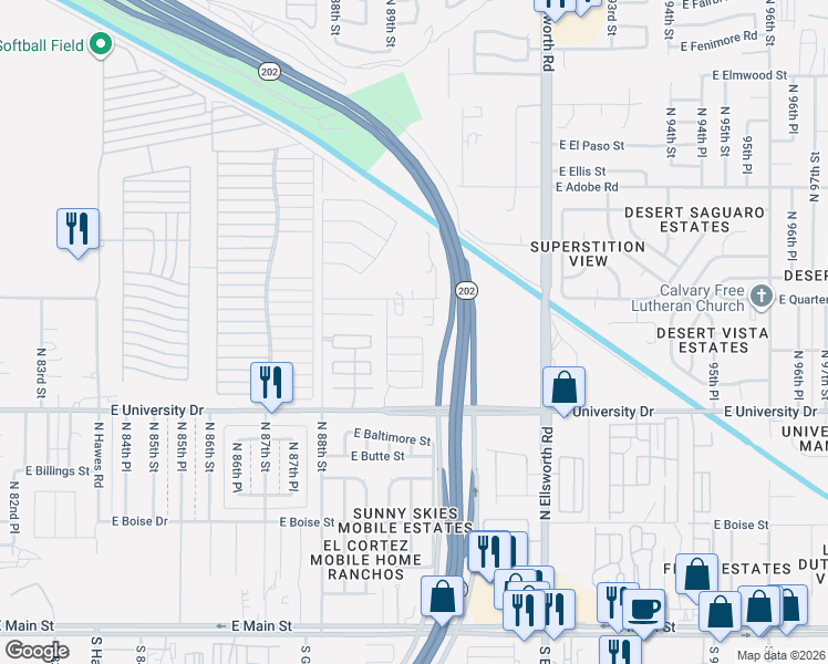 map of restaurants, bars, coffee shops, grocery stores, and more near 599-501 North 90th Street in Mesa