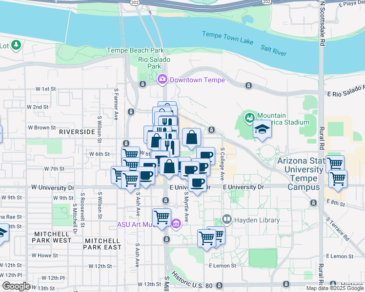 map of restaurants, bars, coffee shops, grocery stores, and more near 31 East 5th Street in Tempe