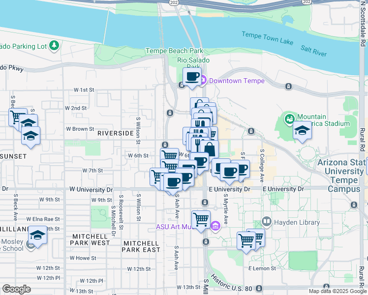 map of restaurants, bars, coffee shops, grocery stores, and more near 101 West 5th Street in Tempe