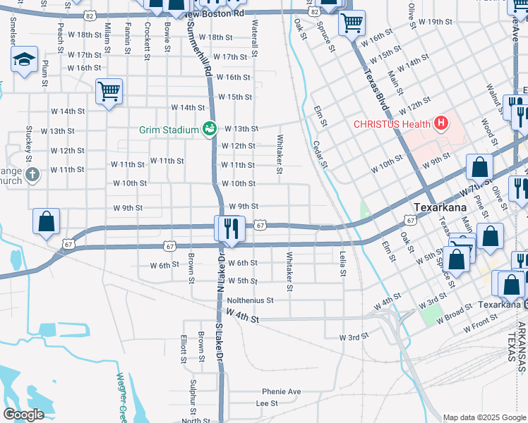 map of restaurants, bars, coffee shops, grocery stores, and more near 1418 Martin Luther King Boulevard West in Texarkana