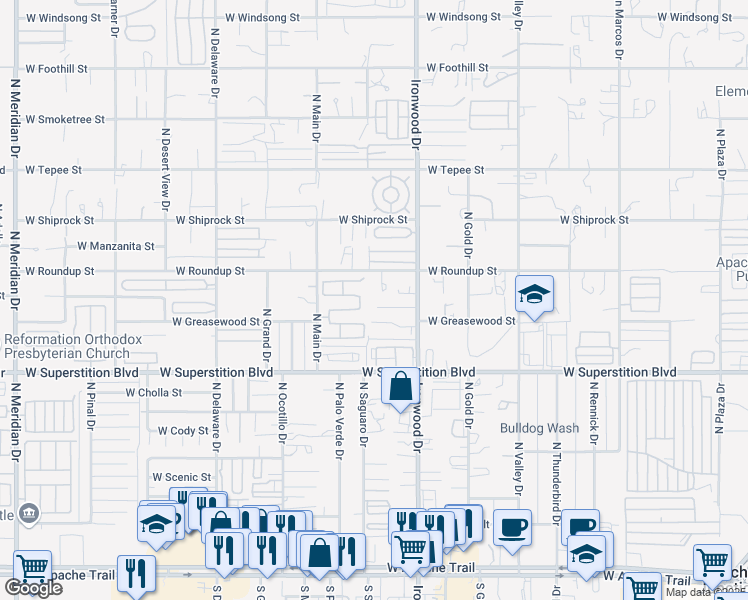 map of restaurants, bars, coffee shops, grocery stores, and more near 1784 West Mockingbird Street in Apache Junction