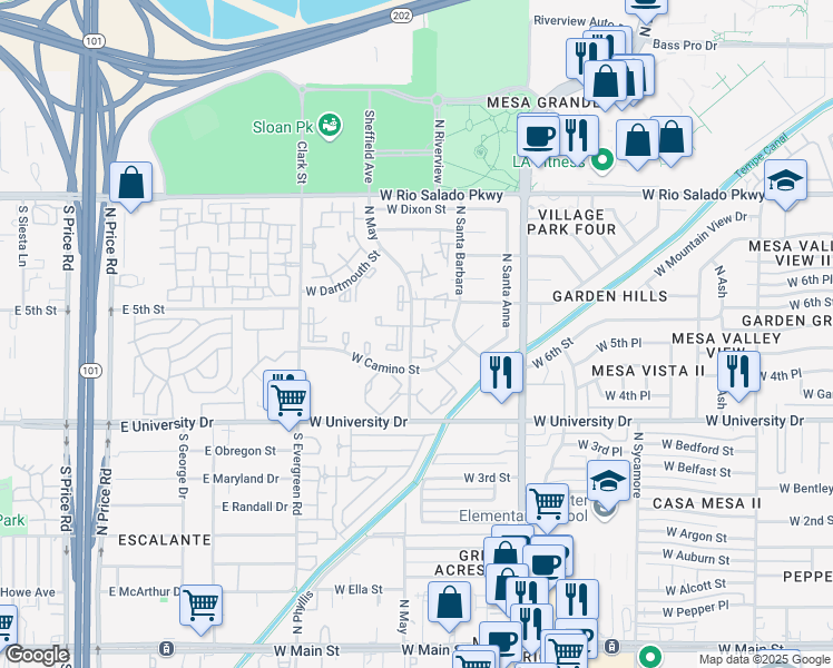 map of restaurants, bars, coffee shops, grocery stores, and more near 540 North May in Mesa