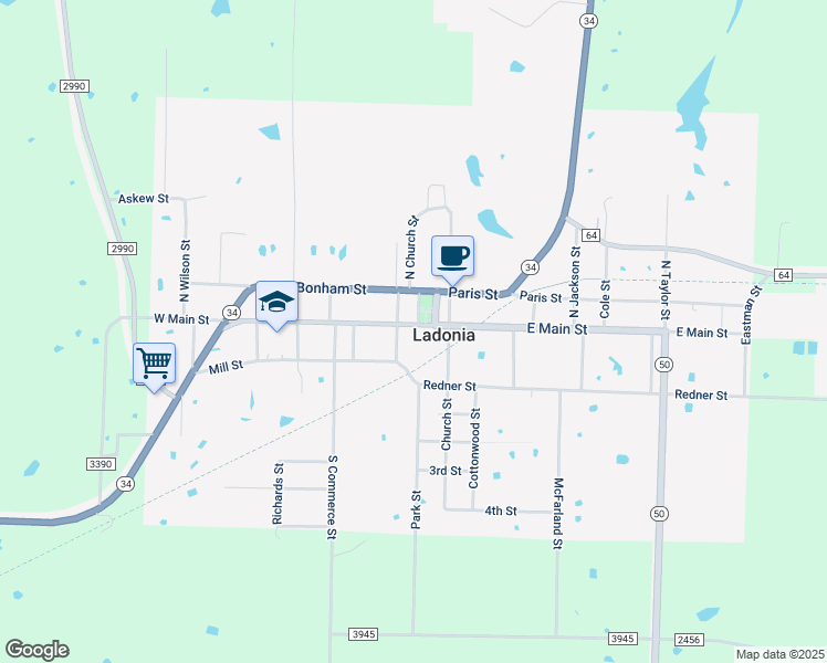 map of restaurants, bars, coffee shops, grocery stores, and more near 101 West Main in Ladonia