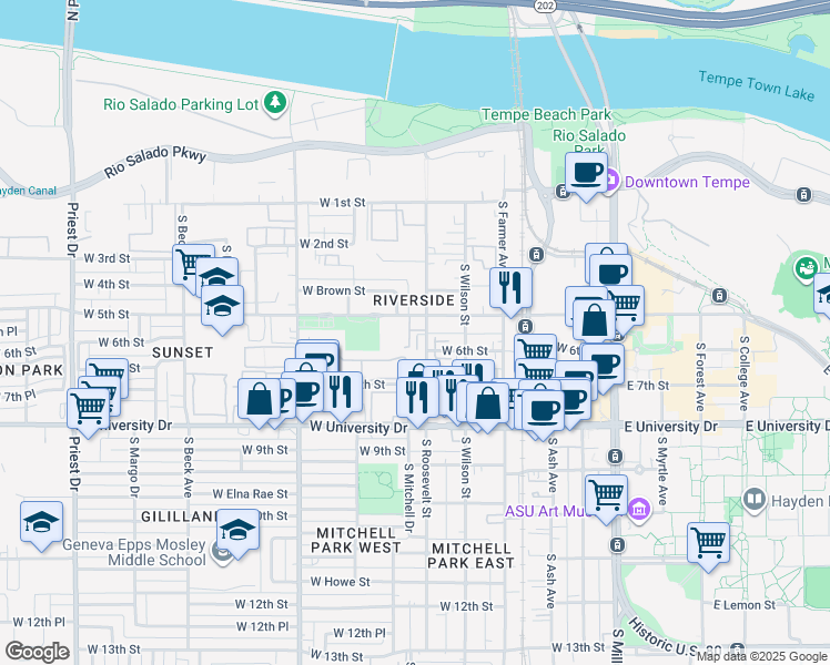 map of restaurants, bars, coffee shops, grocery stores, and more near 601 West 5th Street in Tempe