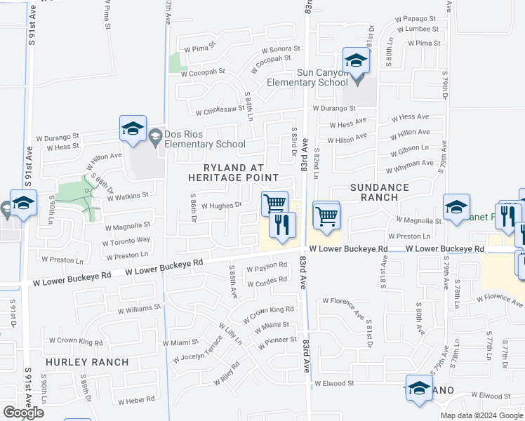 map of restaurants, bars, coffee shops, grocery stores, and more near 2605 South Devon Court in Tolleson