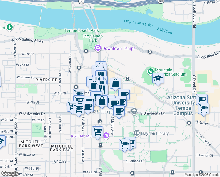 map of restaurants, bars, coffee shops, grocery stores, and more near 31 East 5th Street in Tempe