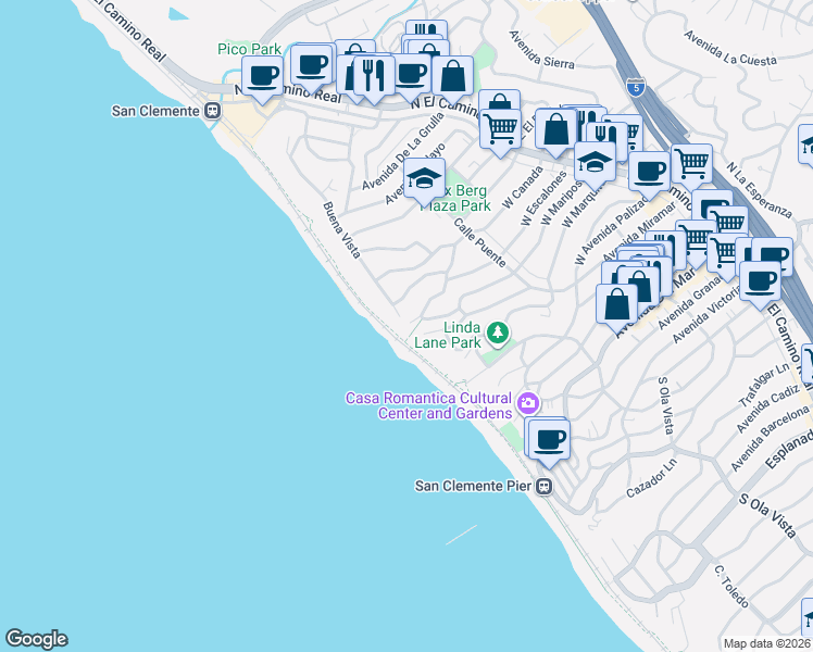 map of restaurants, bars, coffee shops, grocery stores, and more near 802 Buena Vista in San Clemente