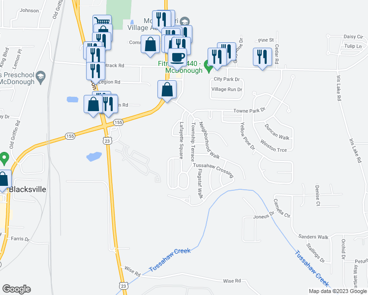 map of restaurants, bars, coffee shops, grocery stores, and more near 1365 Lafayette Square in McDonough