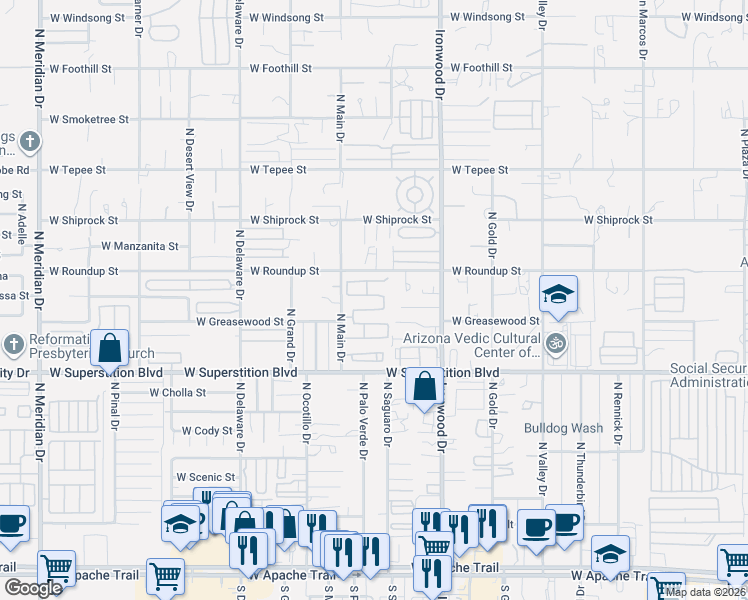 map of restaurants, bars, coffee shops, grocery stores, and more near 1941 North Stagecoach Road in Apache Junction