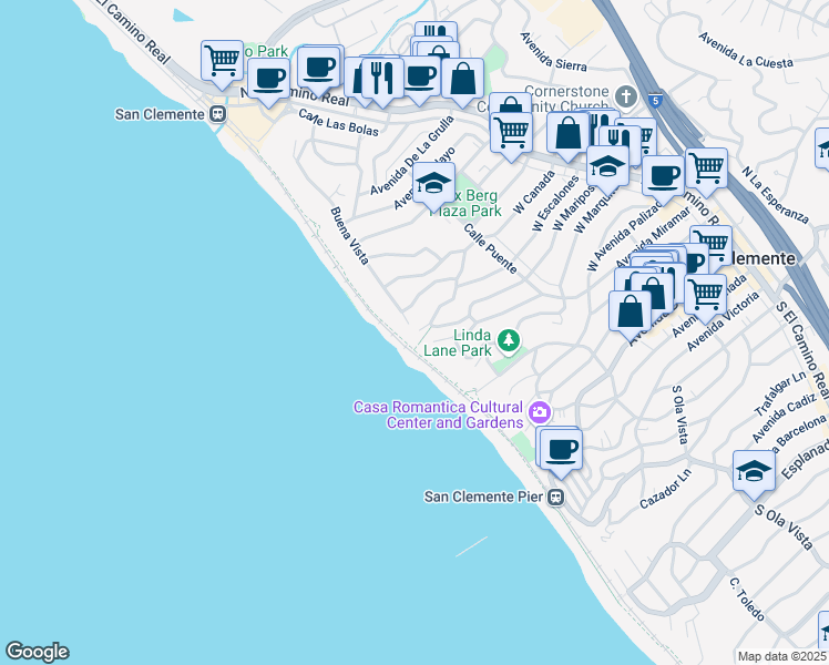 map of restaurants, bars, coffee shops, grocery stores, and more near 802 Buena Vista in San Clemente