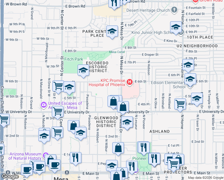 map of restaurants, bars, coffee shops, grocery stores, and more near 520 North Mesa Drive in Mesa