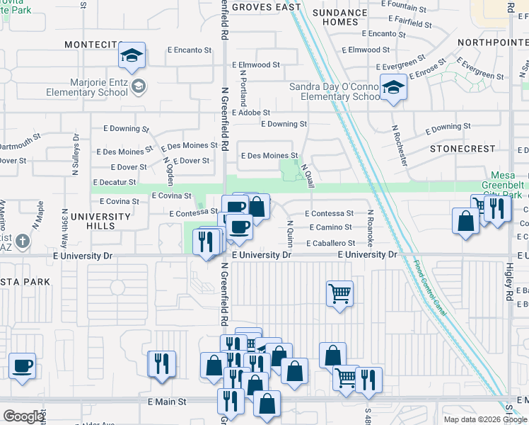 map of restaurants, bars, coffee shops, grocery stores, and more near 4519 East Contessa Street in Mesa