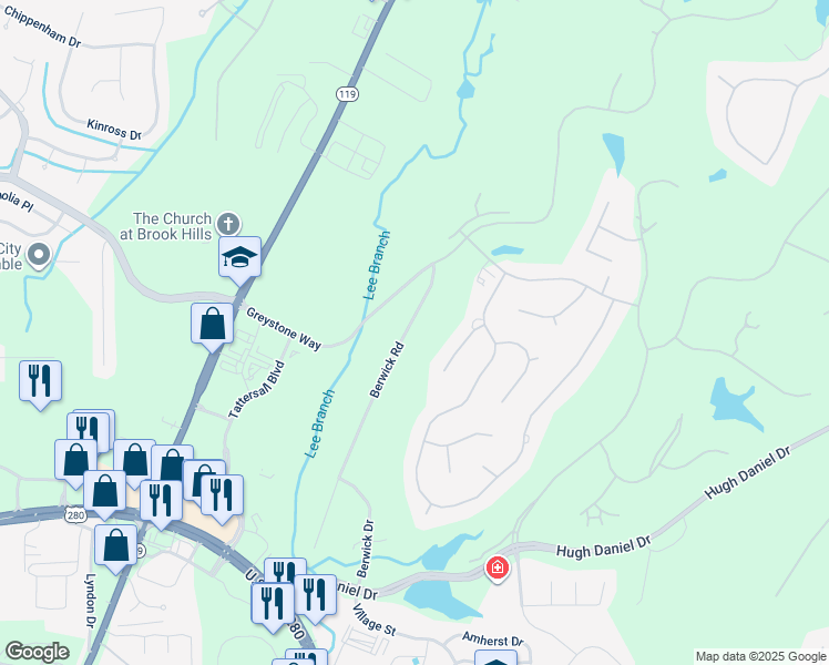 map of restaurants, bars, coffee shops, grocery stores, and more near 1128 Berwick Road in Birmingham