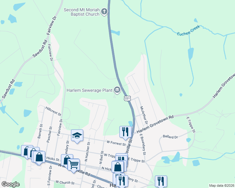 map of restaurants, bars, coffee shops, grocery stores, and more near 680 Appling Harlem Road in Harlem