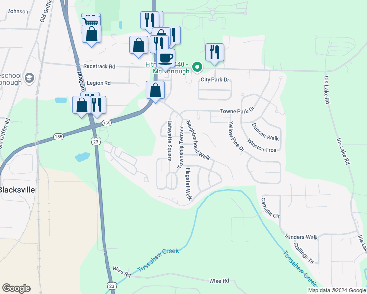 map of restaurants, bars, coffee shops, grocery stores, and more near 1805 Midcourt Way in McDonough