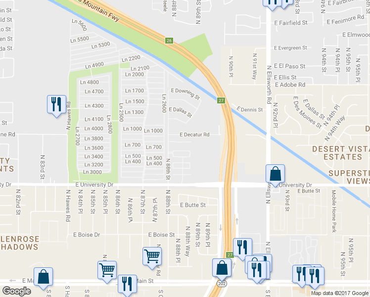 map of restaurants, bars, coffee shops, grocery stores, and more near 8802 East University Drive in Mesa