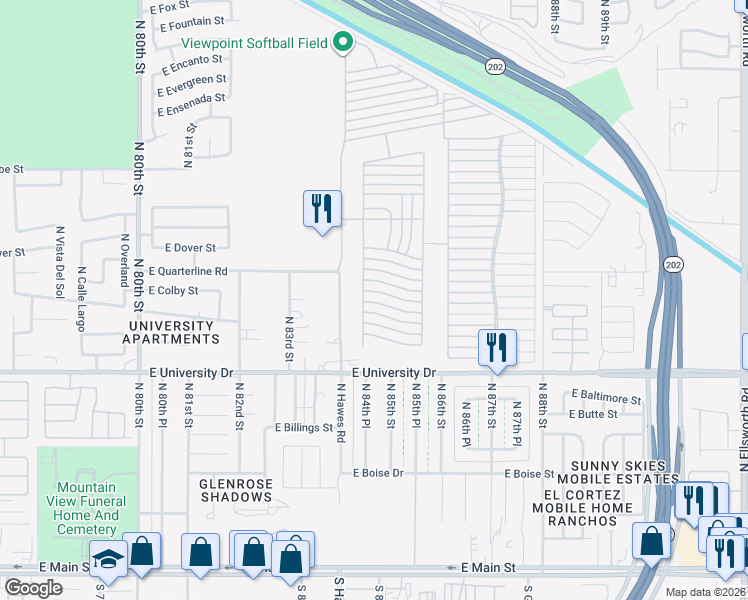 map of restaurants, bars, coffee shops, grocery stores, and more near Ln 3400 in Mesa