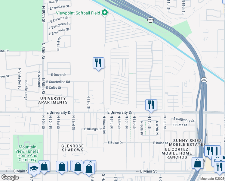 map of restaurants, bars, coffee shops, grocery stores, and more near Ln 2700 in Mesa