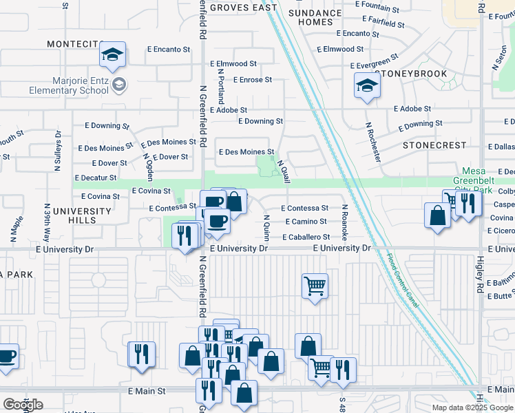 map of restaurants, bars, coffee shops, grocery stores, and more near 4519 East Contessa Street in Mesa
