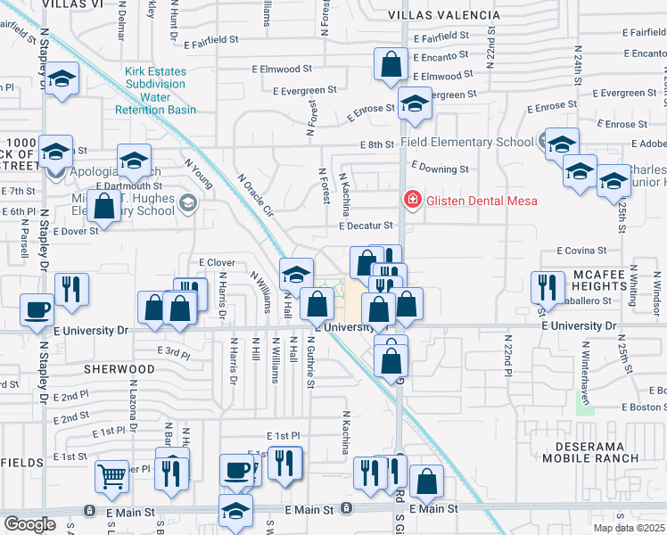 map of restaurants, bars, coffee shops, grocery stores, and more near 1821 East Covina Street in Mesa