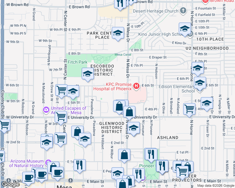 map of restaurants, bars, coffee shops, grocery stores, and more near 520 North Mesa Drive in Mesa