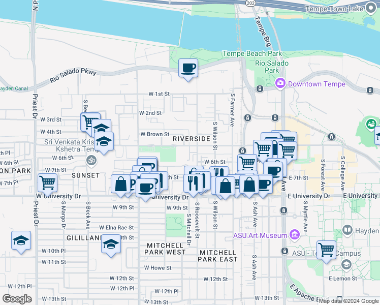 map of restaurants, bars, coffee shops, grocery stores, and more near 601 West 5th Street in Tempe