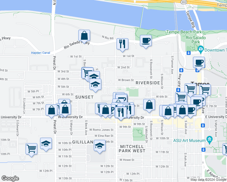 map of restaurants, bars, coffee shops, grocery stores, and more near 616 South Hardy Drive in Tempe