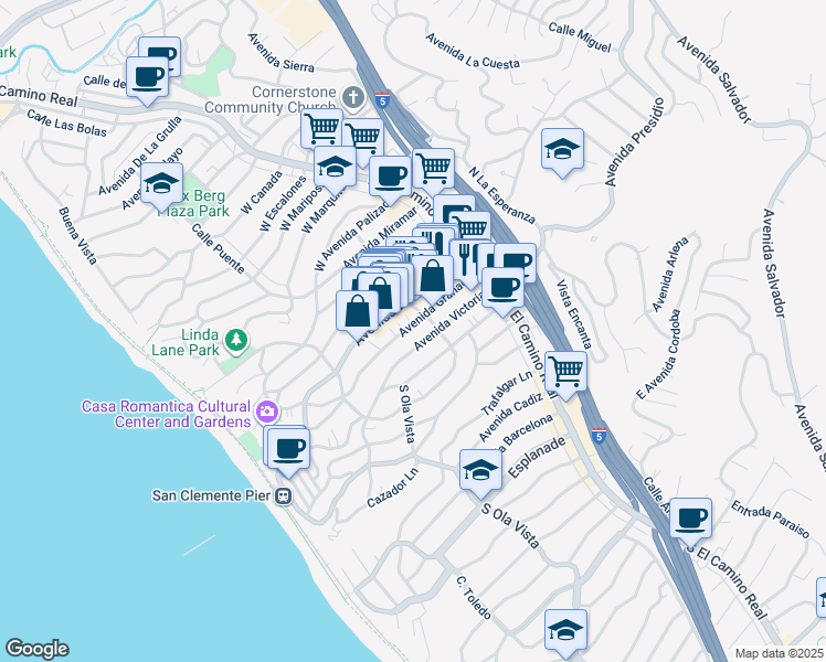 map of restaurants, bars, coffee shops, grocery stores, and more near 220 Avenida Victoria in San Clemente