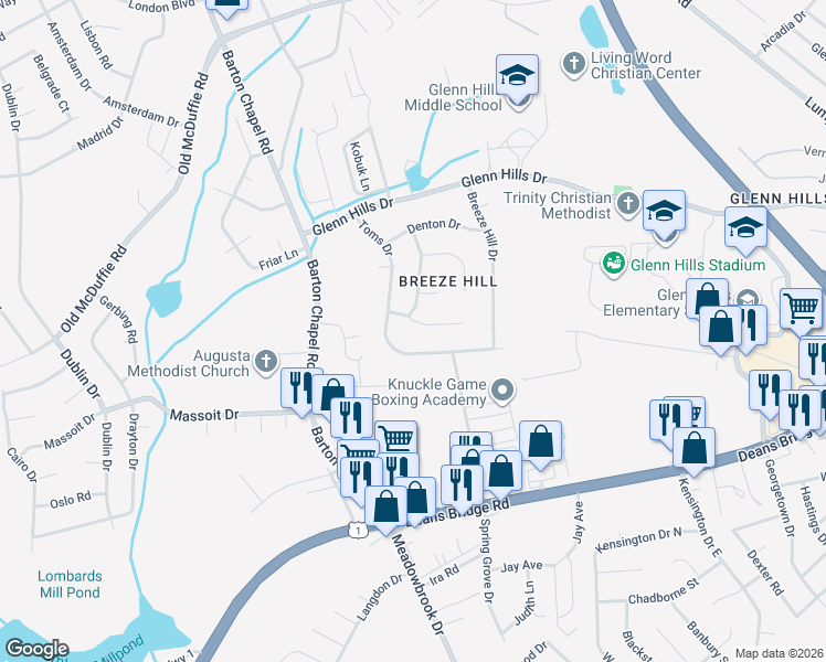 map of restaurants, bars, coffee shops, grocery stores, and more near 3436 Toms Drive in Augusta