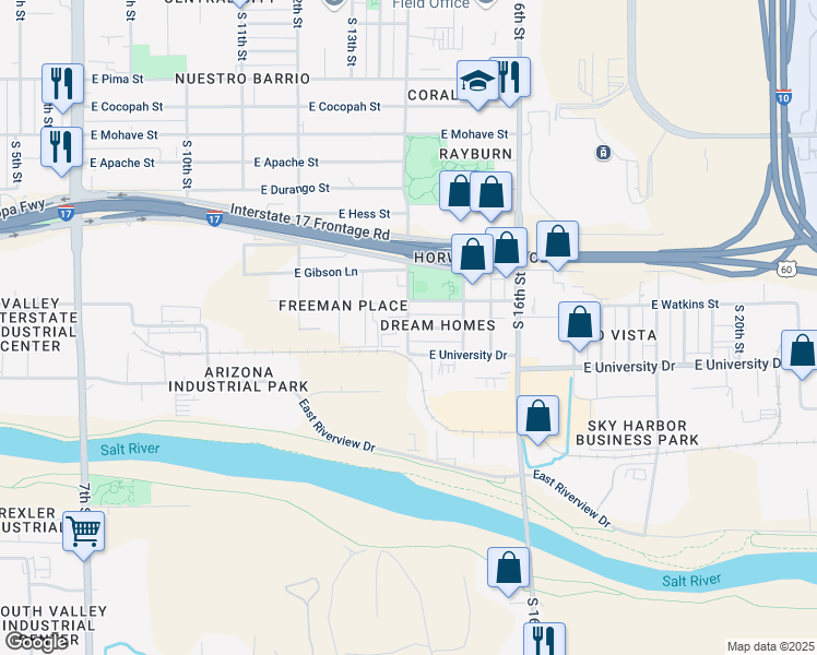 map of restaurants, bars, coffee shops, grocery stores, and more near 1000 East Hammond Lane in Phoenix