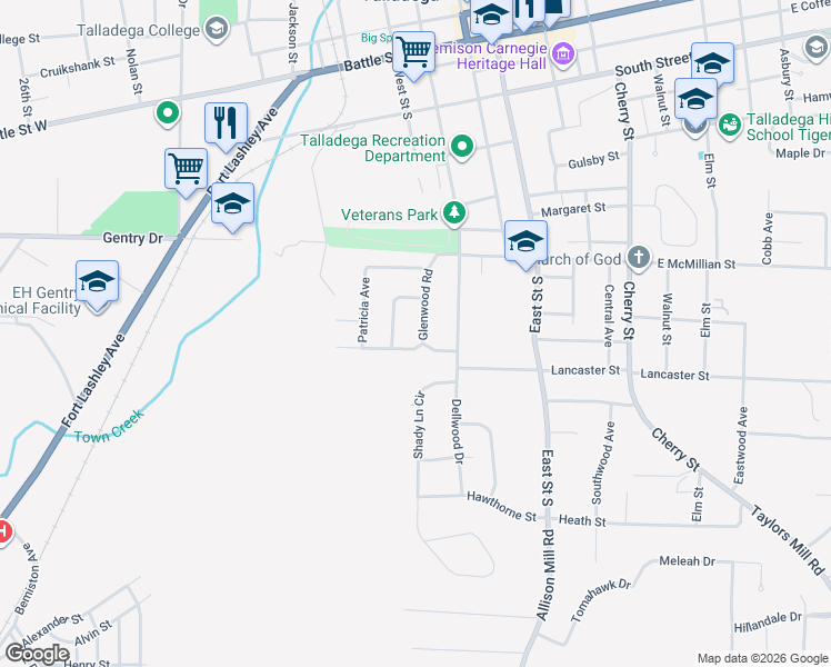 map of restaurants, bars, coffee shops, grocery stores, and more near 731 Pinehurst Drive in Talladega