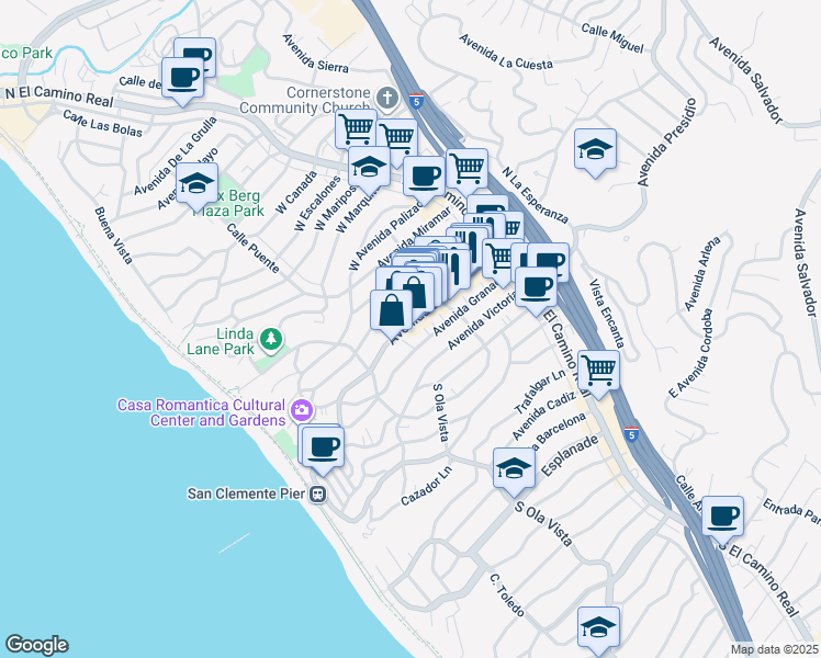 map of restaurants, bars, coffee shops, grocery stores, and more near 240 Avenida Granada in San Clemente