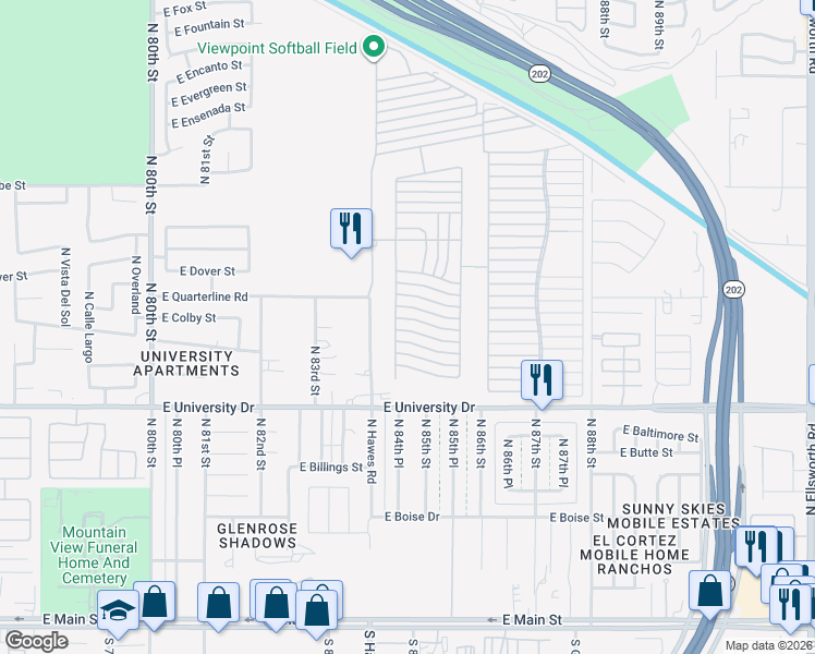 map of restaurants, bars, coffee shops, grocery stores, and more near Ln 3400 in Mesa