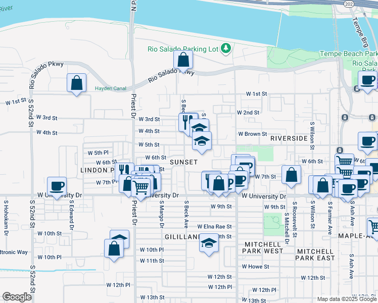 map of restaurants, bars, coffee shops, grocery stores, and more near 1133 West 5th Street in Tempe