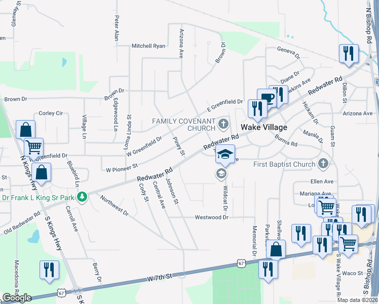 map of restaurants, bars, coffee shops, grocery stores, and more near 329 Redwater Road in Wake Village