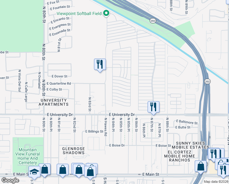 map of restaurants, bars, coffee shops, grocery stores, and more near Ln 2700 in Mesa