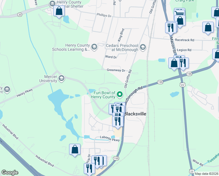 map of restaurants, bars, coffee shops, grocery stores, and more near 2028 Therron Drive in McDonough