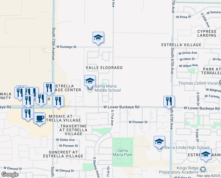 map of restaurants, bars, coffee shops, grocery stores, and more near 7120 West Toronto Way in Phoenix
