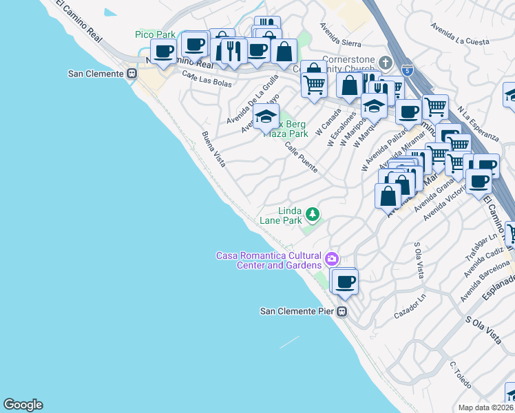 map of restaurants, bars, coffee shops, grocery stores, and more near 258 West Escalones in San Clemente